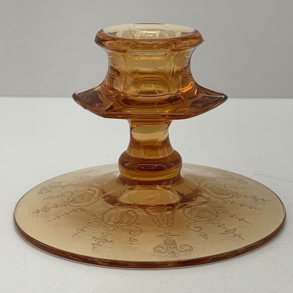 Vintage Amber Glass Candlestick Holders Etched Footed Candle Holder - Few Cracks - Picture 3 of 12